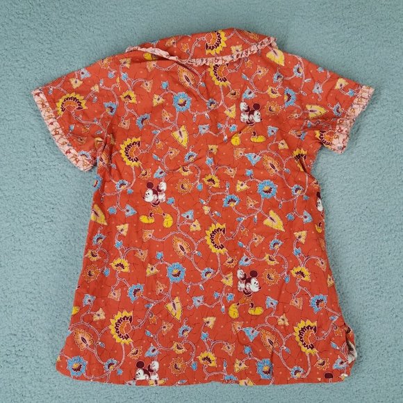 Disney Shirt Girl's Kid's 14 Orange Button Front Mickey Mouse Floral Ruffles - Picture 2 of 10